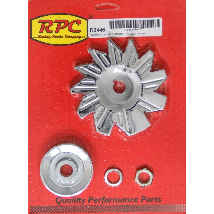Racing Power R9446 Alternator Pulley And Fan Kit - V-Belt, 1 Groove, 2.625" Diameter, 5/8" Shaft, Chrome Steel - For GM/Ford Alternators