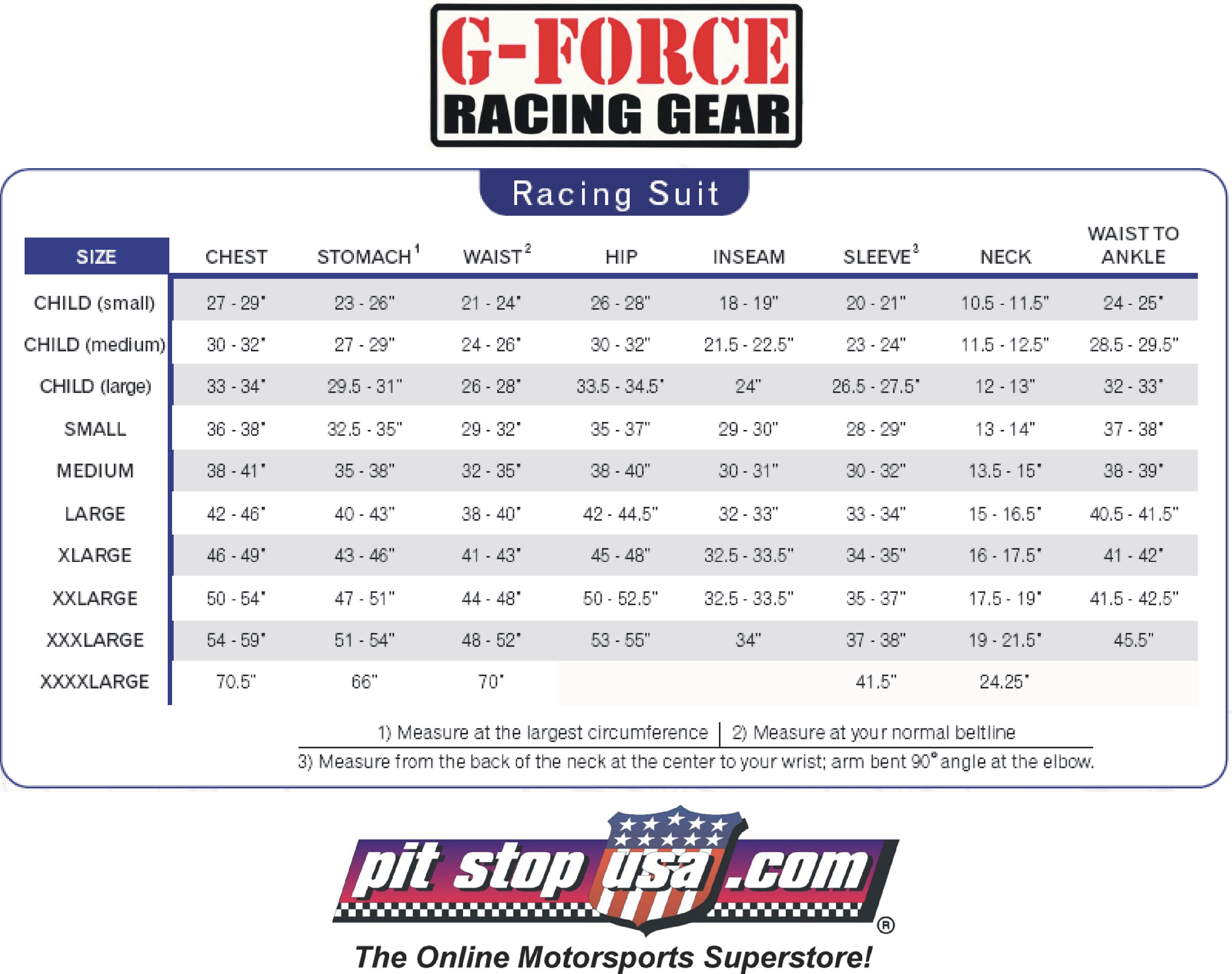 G-Force Auto Racing Suit Sizing Chart