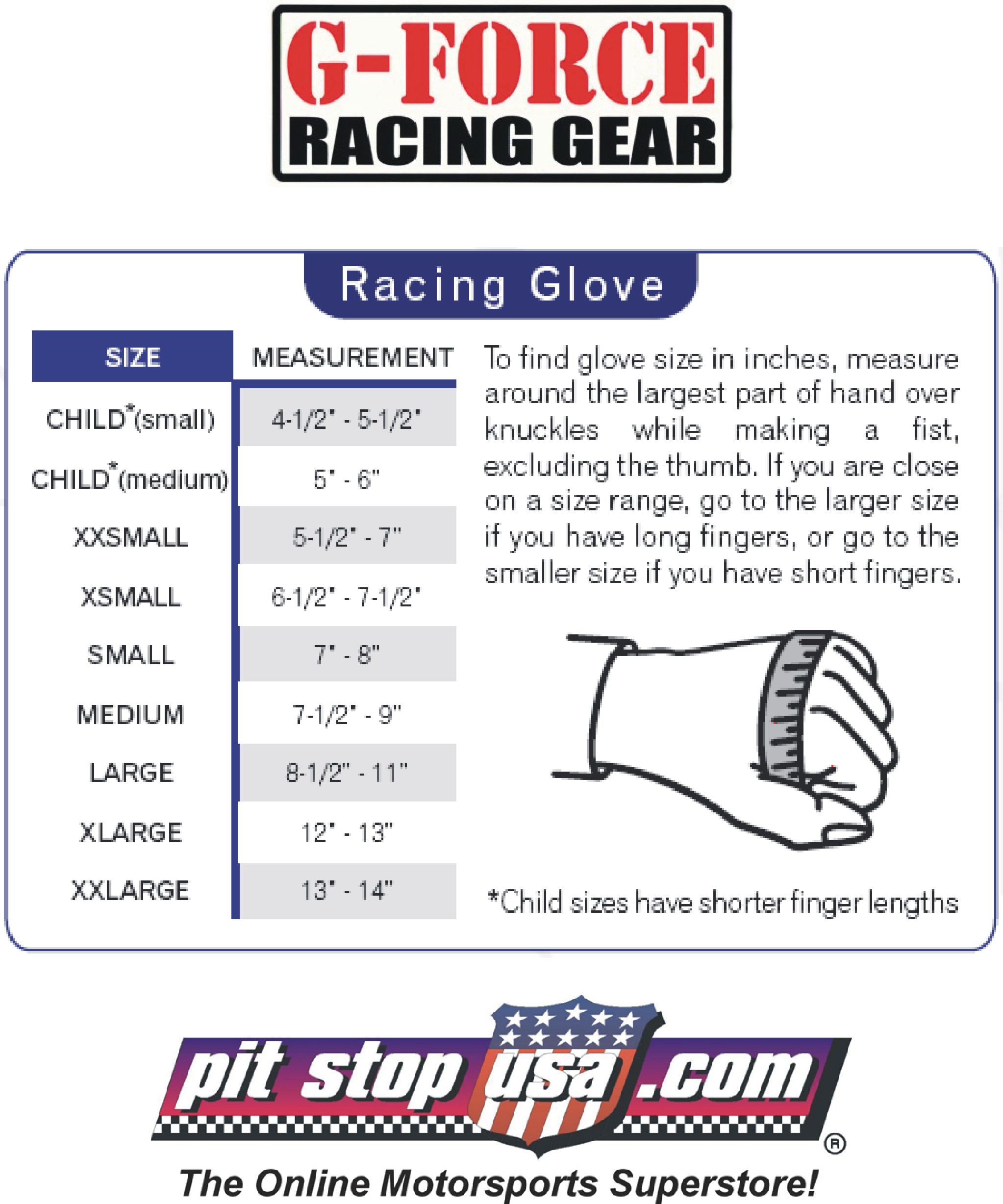 G-Force Auto Racing Glove Sizing Chart