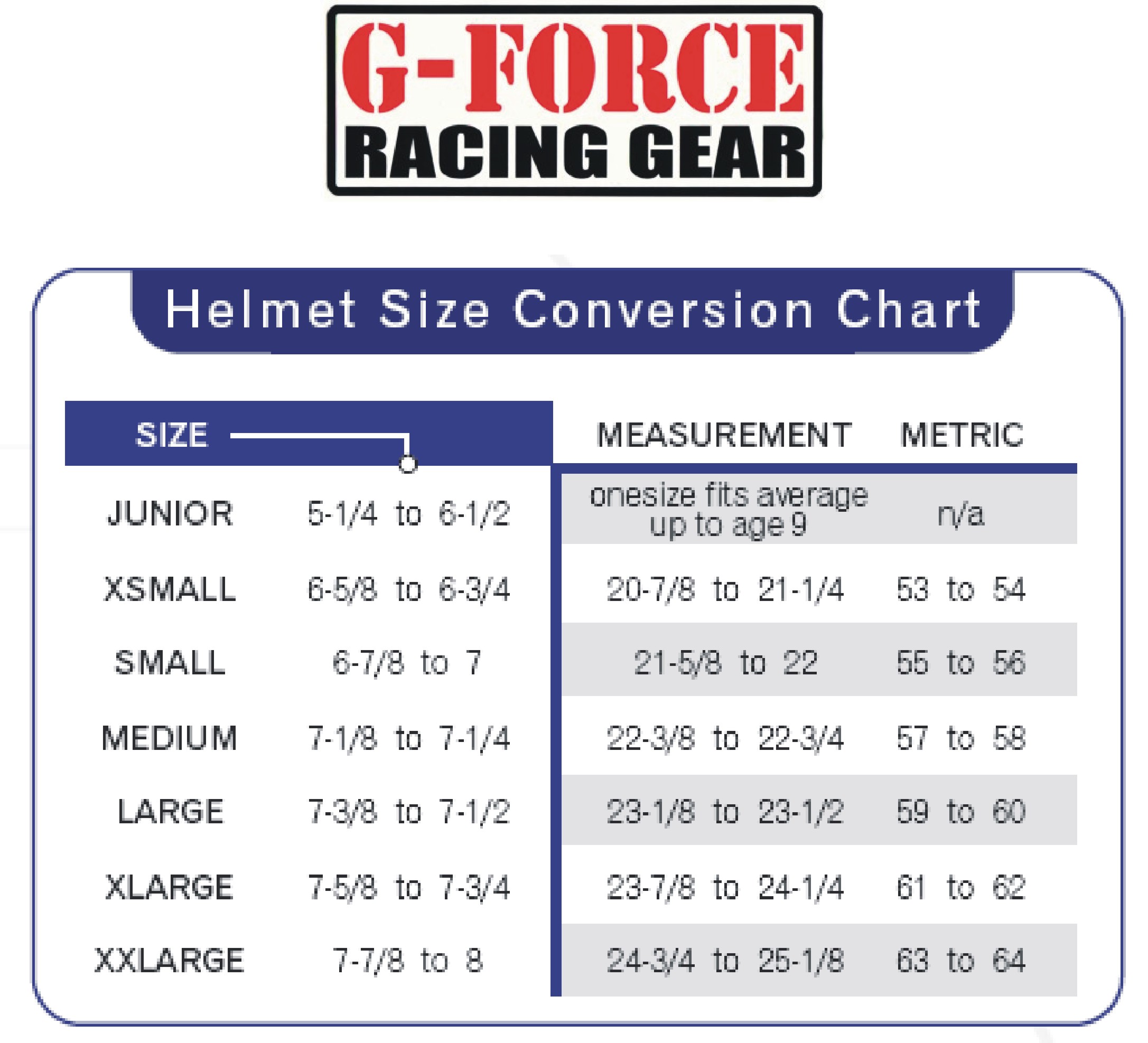 G-Force Auto Racing Helmet Sizing Chart