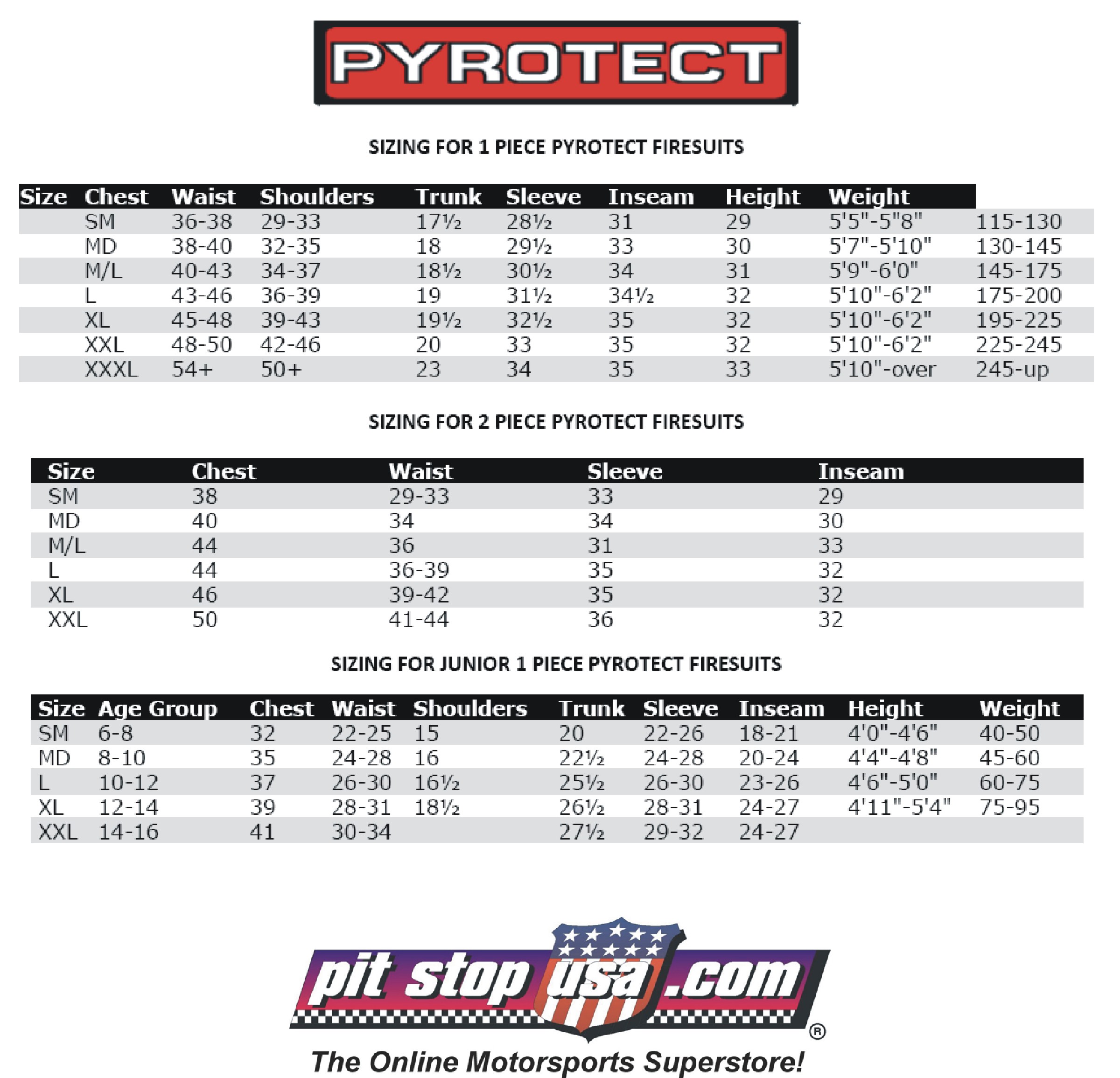 Pyrotect Auto Racing Suit Sizing Chart