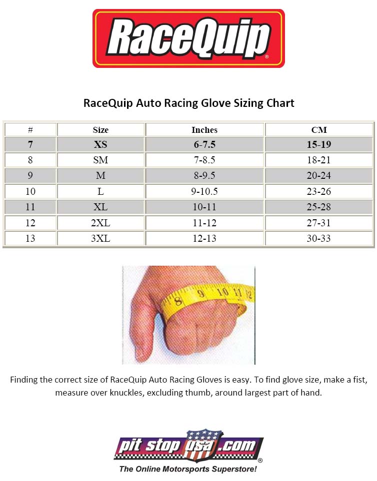 RaceQuip Auto Racing Glove Sizing Chart