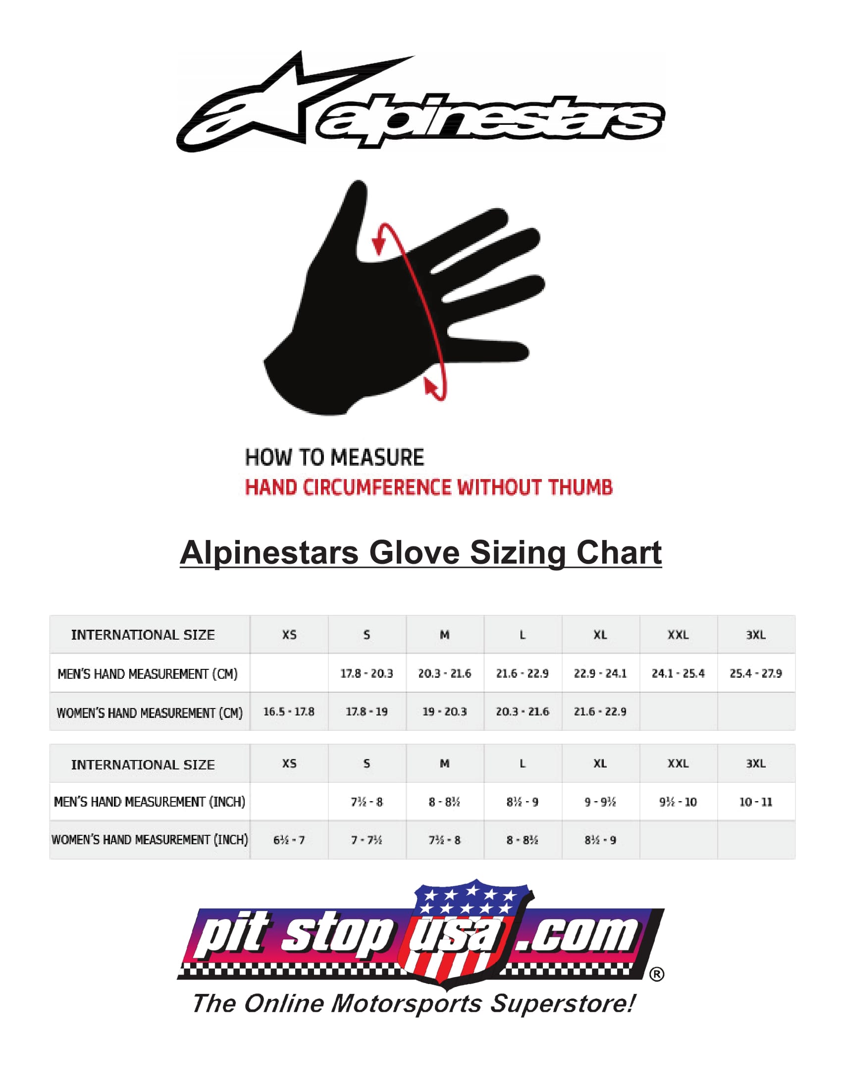 Alpinestars Auto Racing Glove Sizing Chart