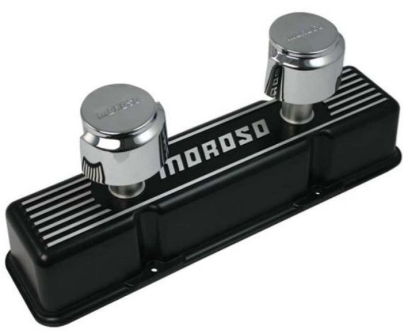 Moroso Die-Cast Aluminum Valve Covers - Black Epoxy Finish - SB Chevy - Tall Design - Two Breather Tubes