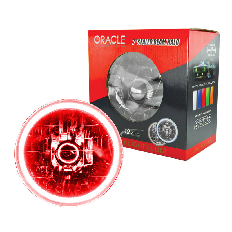 Oracle Lighting Sealed Beam Headlight - 7 in OD - Halo LED Ring - Requires H4 Bulb - Glass /  - Red - Universal