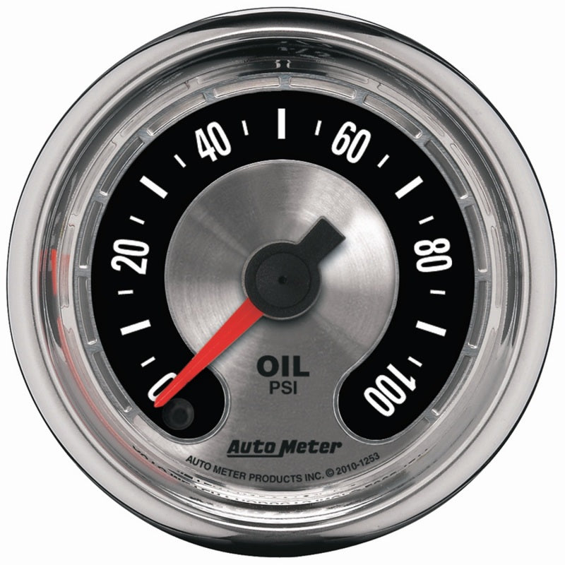 Auto Meter American Muscle 0-100 psi Oil Pressure Gauge - Electric - Analog - Full Sweep - 2-1/16 in Diameter - Brushed / Black Face