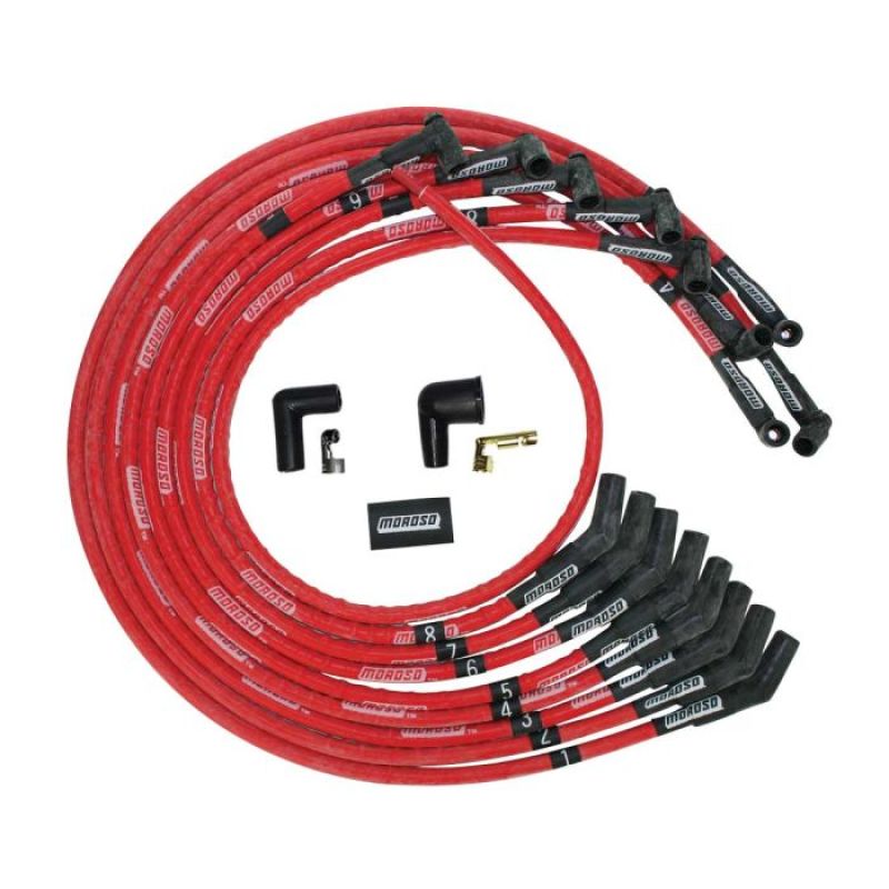 Moroso Ultra Spiral Core 8 mm Spark Plug Wire Set - Sleeved - Red - 135 Degree Plug Boots - HEI Style Terminal - Under The Header - Small Block Chevy