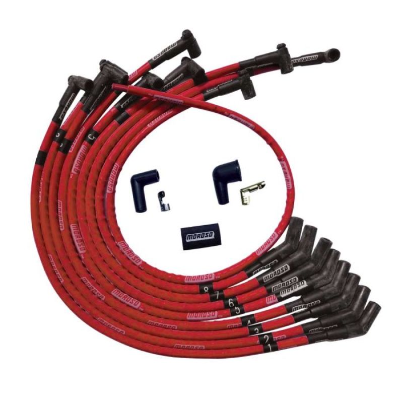 Moroso Ultra Spiral Core 8 mm Spark Plug Wire Set - Sleeved - Red - 135 Degree Plug Boots - HEI Style Terminal - Small Block Ford 52570