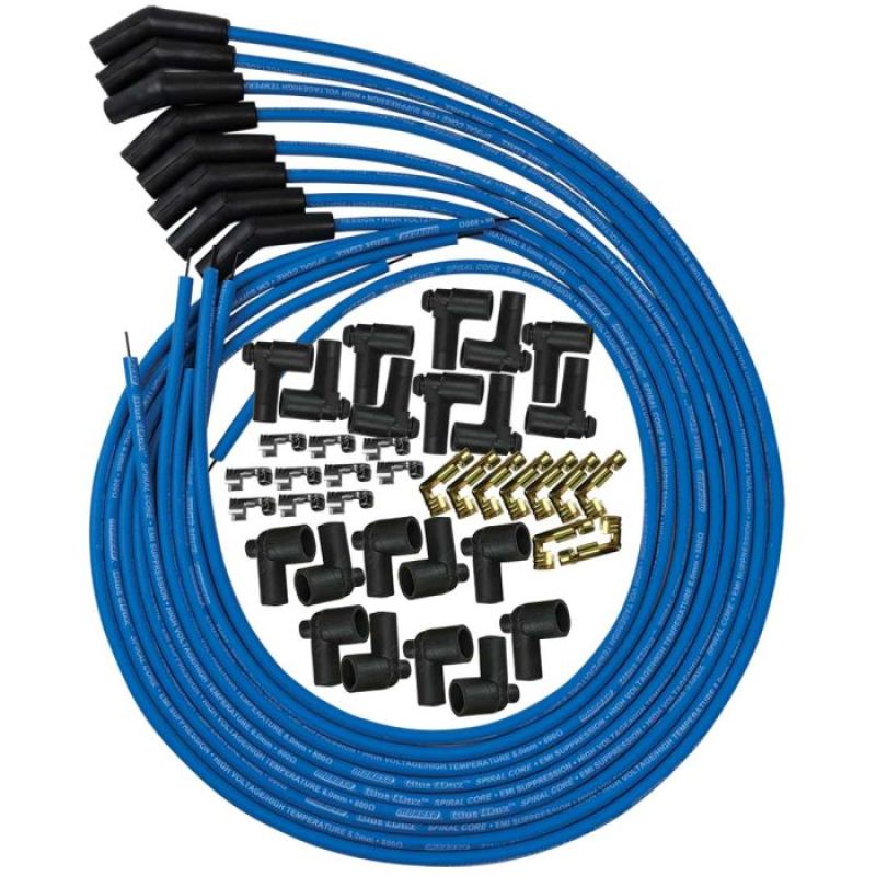 Moroso Blue Max Spiral Core Universal Ignition Wire Set - 8 Cylinder Engines - Plug Terminals/Boots: 135; Dist - Terminals/Boots: HEI & Non-HEI; Wire Color: Blue