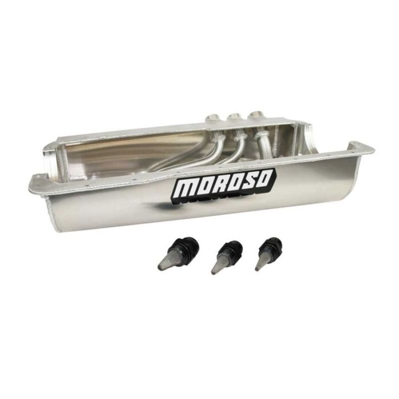 Moroso Dirt Late Model Dry Sump OIl Pan - 6-1/2 in Deep - Two 12 AN Male Passenger Side Pickups - One 16 AN Male Passenger Side Pickup - SB Ford