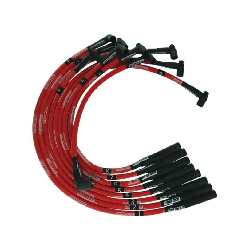 Moroso Ultra Spiral Core 8 mm Spark Plug Wire Set - Sleeved - Red - Straight Plug Boots - HEI Style Terminal - Small Block Mopar