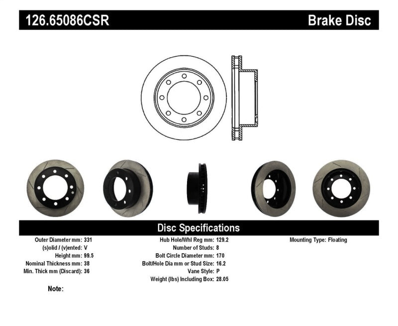 StopTech Sport Cryo Brake Rotor - Front - Passenger Side - Slotted - 331 mm OD - 38 mm Thick - 8 x 170 mm Bolt Pattern - Iron - Black Paint