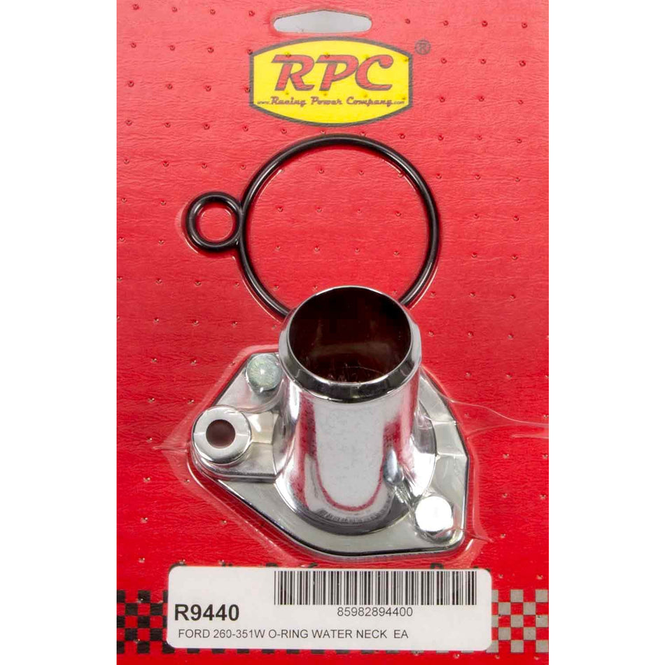 Racing Power 15 Degree Water Neck - 1-1/2 in ID Hose - O-Ring - Chrome - Small Block Ford