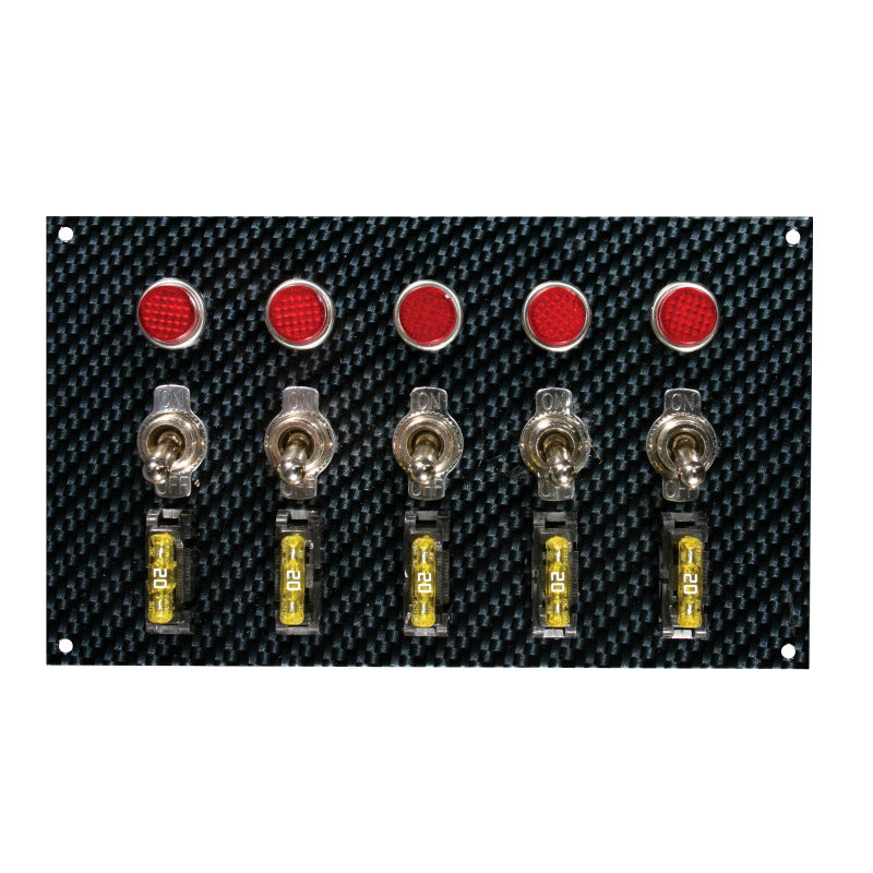 Moroso Dash Mount Switch Panel - 6.75 x 4 in - 5 Toggles - Fused - Indicator Lights - Carbon Fiber Look