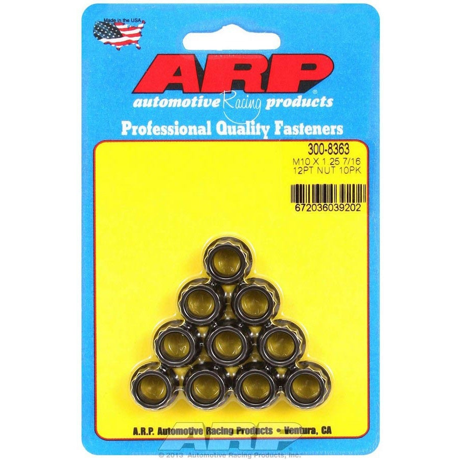 ARP 10 mm x 1.25 Thread Nut - 12 mm 12 Point Head - Small Collar - Chromoly - Black Oxide - Universal - Set of 10