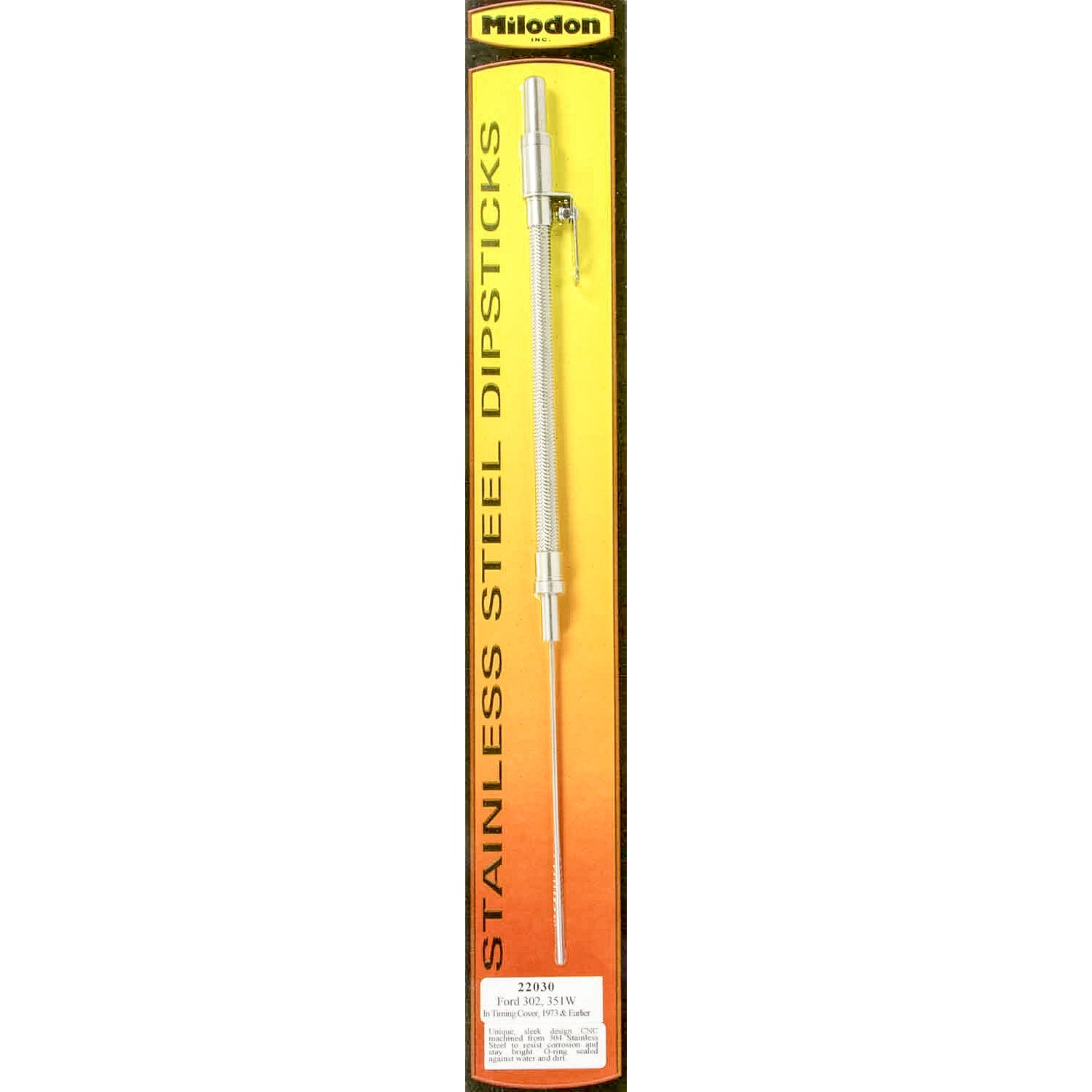 Milodon SB Ford Stainless Steel Engine Dipstick - Into Timing Cover
