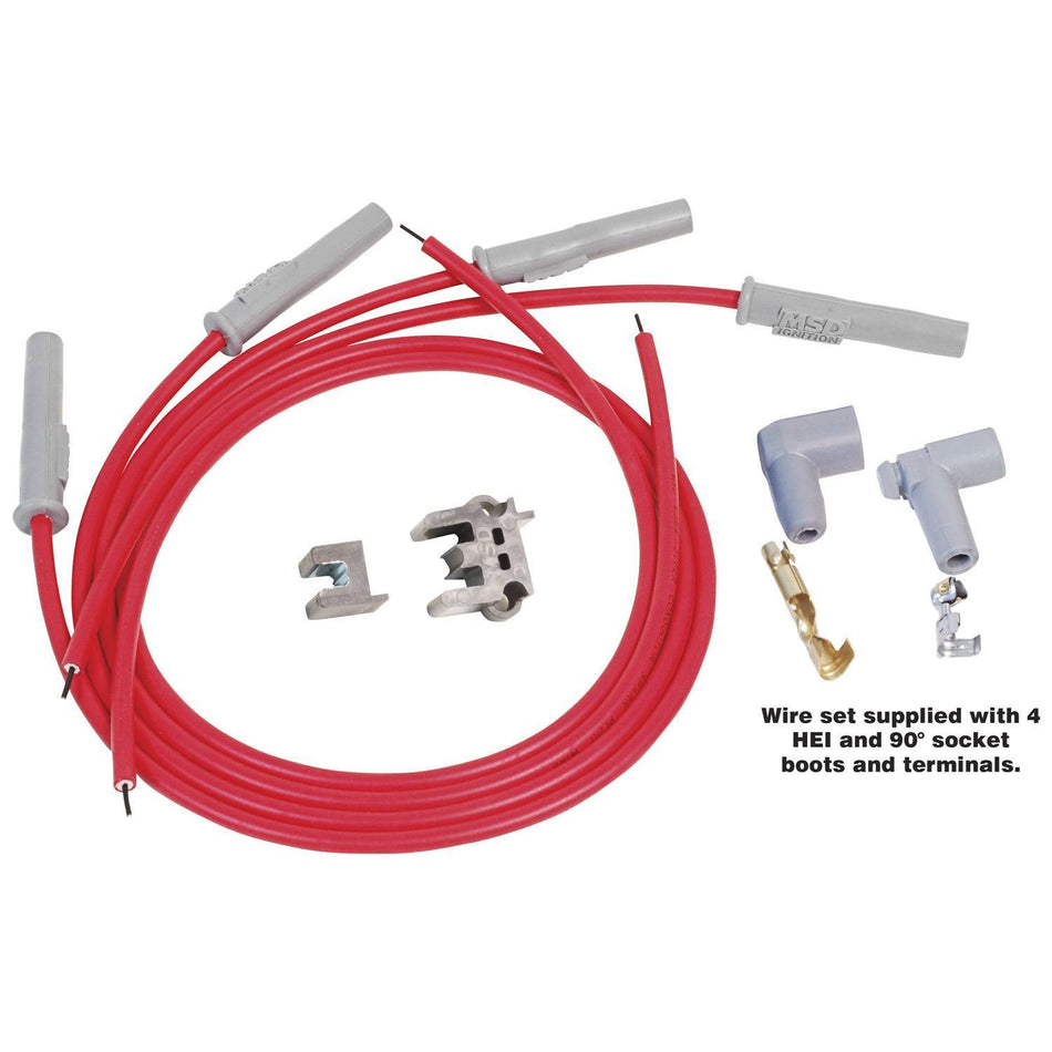MSD 2-In-1 Univeral Super Conductor Spark Plug Wire Set - (Red) - Fits 4 Cylinder Engine - Includes Terminals for Socket or HEI Style Cap, Multi-Angle Spark Plug Boots & Terminals