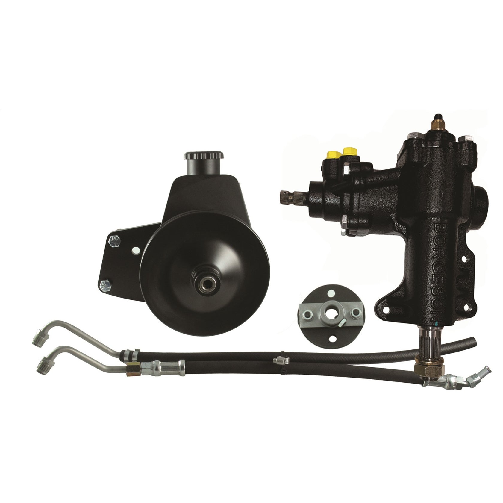 Borgeson Power Steering Box - 14 to 1 Ratio - Brackets / Joints / Lines / Pump - Small Block Ford - Ford Mustang 1968-70