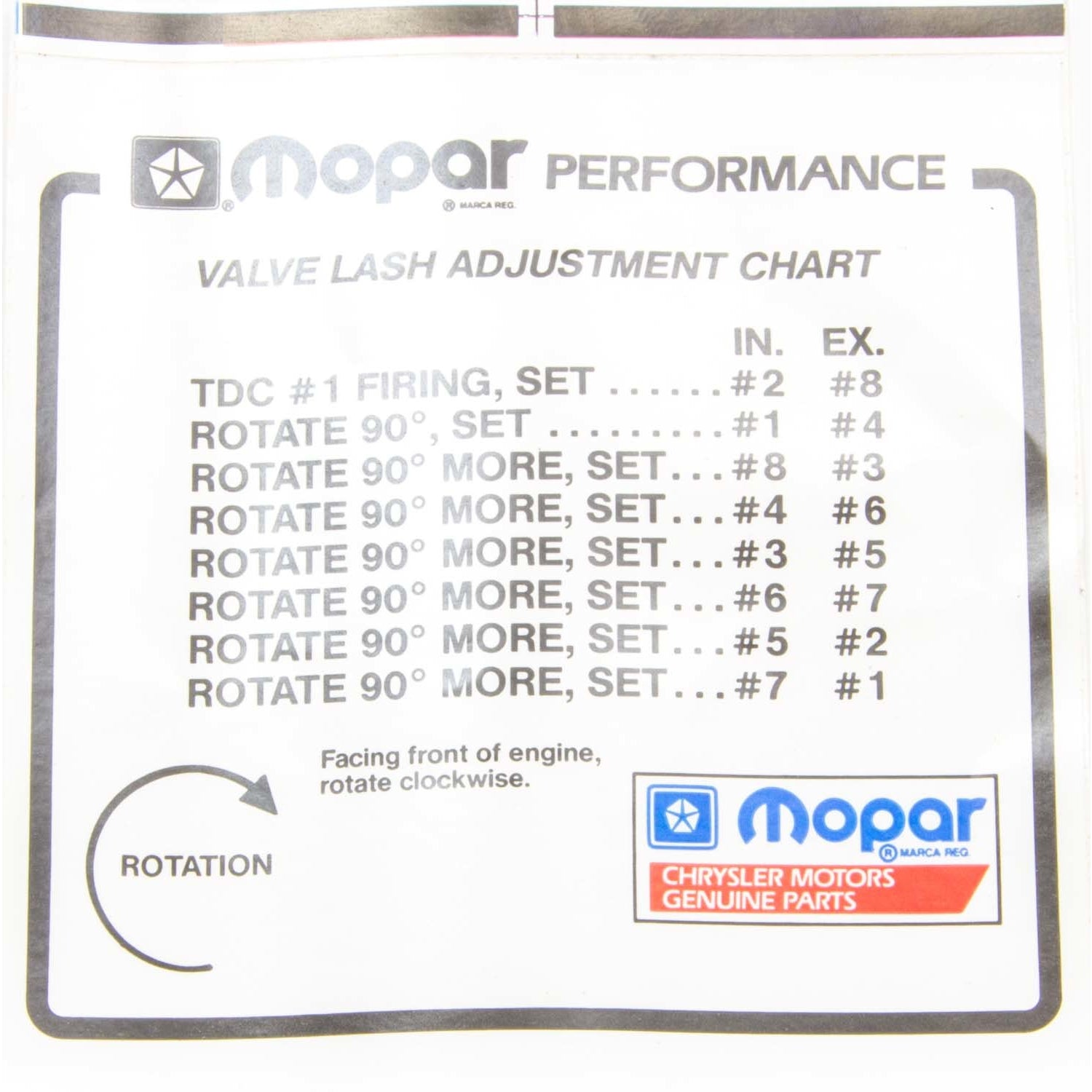 MOPAR PERFORMANCE Valve Lash Adjustment Chart Information Sticker Mopar ...