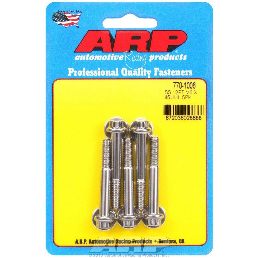 ARP 6 mm x 1.00 Thread Bolt 45 mm Long 8 mm 12 Point Head Stainless - Natural