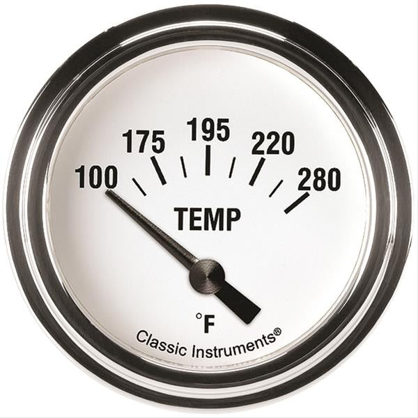Classic Instruments White Hot 100-280 Degree F Water Temperature Gauge - Electric - Analog - Short Sweep - 2-5/8 in Diameter - 1/2 in NPT Thread Sender - Low Step  Bezel - White Face