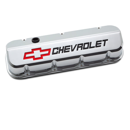 Proform Slant-Edge Tall Valve Cover - Baffled - Breather Hole - Recessed Chevrolet Logo - Chrome - Big Block Chevy (Pair)