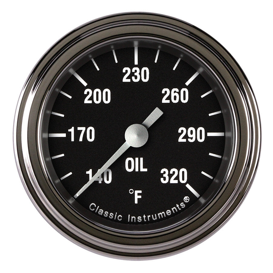 Classic Instruments Hot Rod Oil Temp Gauge - 140-320 Degree F - Full Sweep - 2-1/8 in Diameter - Low Step Stainless Bezel - Black Face