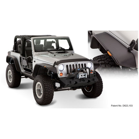 Bushwacker Flat Style Front / Rear Fender Flare - 9.5 in Wide Front - 4.75 in Wide Rear - Black - Jeep Wrangler JK 2007-14