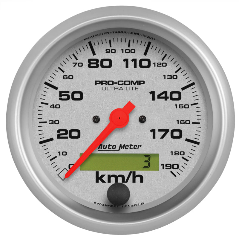 Auto Meter Ultra-Lite 190 KPH Speedometer - Electric - Analog - 3-3/8 in Diameter - Programmable - Silver Face