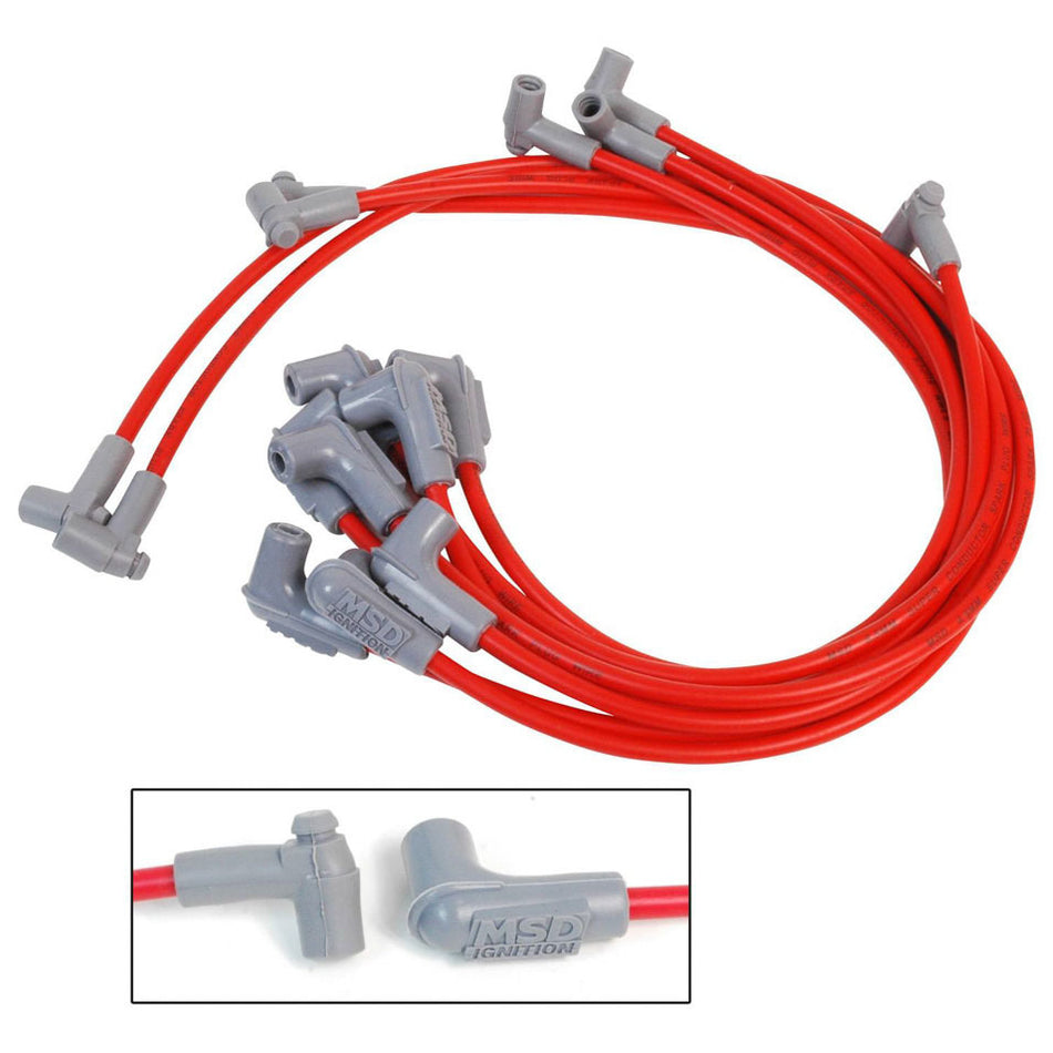 MSD Custom Fit Super Conductor Spark Plug Wire Set - (Red) - Fits 1975-82 Chevy 267/305/350/400 Cars w/ Wires Over Valve Covers - 90 HEI Distributor Boots & Terminals, 90 Spark Plug Boots & Terminals