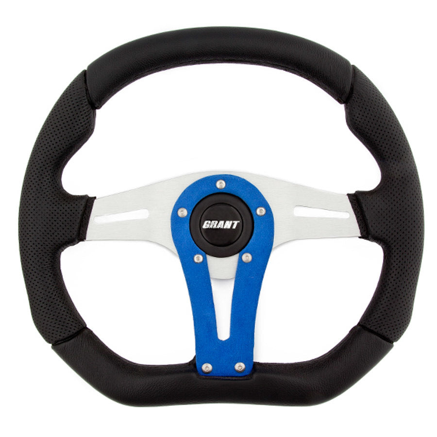 Grant Steering Wheels D-Series Steering Wheel 13-3/4 x 11-3/4" Diameter D-Shaped 3-Spoke - Black Suede Grip - Blue Anodize