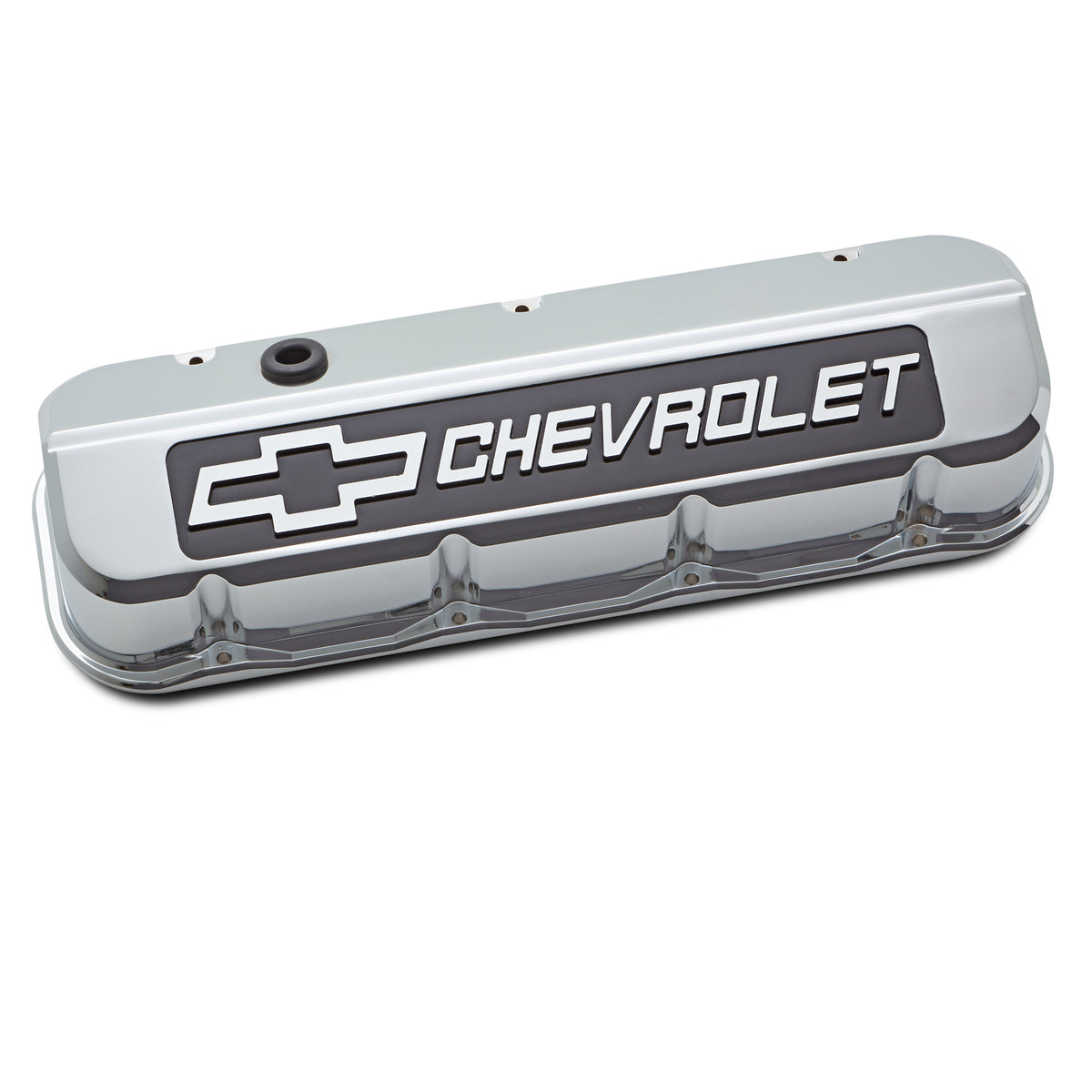 Proform Slant-Edge Tall Valve Cover - Baffled - Breather Hole - Blackfield Chevrolet Logo - Chrome - Big Block Chevy (Pair)