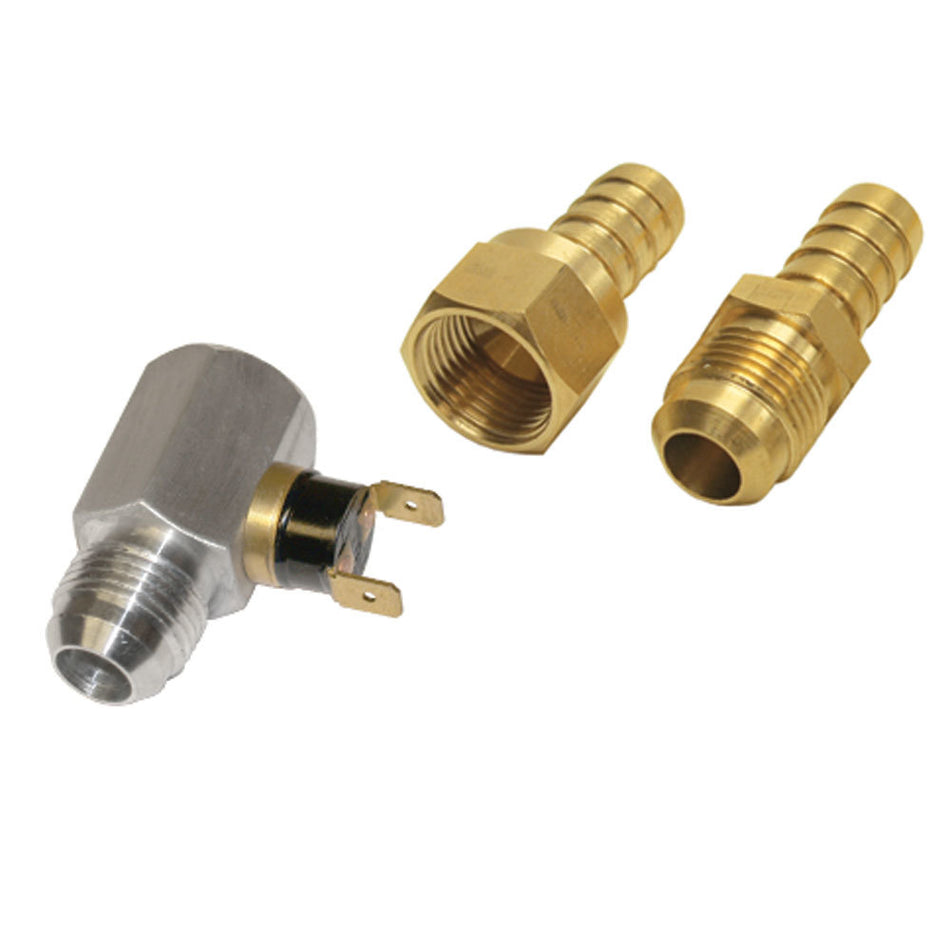 Derale Temperature Switch - 180 Degree On - 165 Degree Off - 8 AN Inlet - 8 AN Outlet - 1/2 in Male Barb Fittings