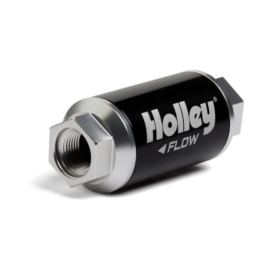 Holley Billet HP In-Line 100 Micron Fuel Filter - Stainless Element - 3/8 in NPT Female Inlet - 3/8 in NPT Female Outlet - Black / Clear Anodized 162-551