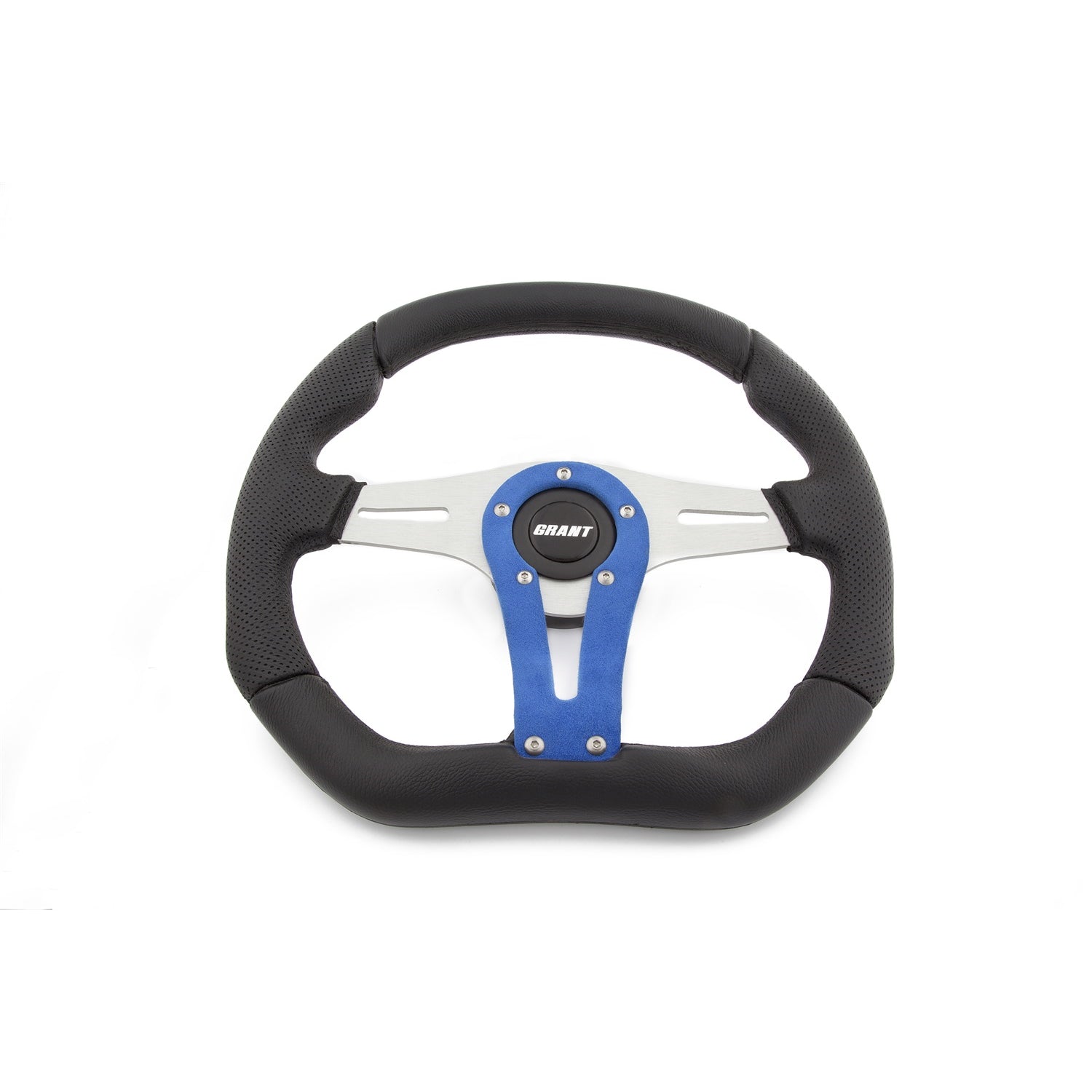Grant Steering Wheels D-Series Steering Wheel 13-3/4 x 11-3/4" Diameter D-Shaped 3-Spoke - Black Suede Grip - Blue Anodize