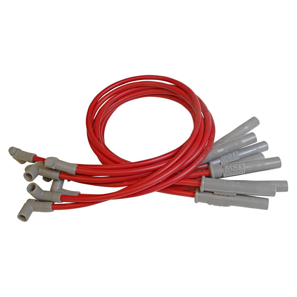 MSD Super Conductor Spiral Core 8.5 mm Spark Plug Wire Set - Red - Straight Plug Boots - HEI Style Terminal - Small Block Mopar 32189