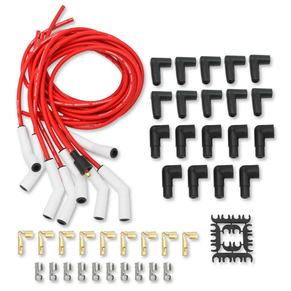 Mallory Pro Sidewinder Spiral Core 8 mm Spark Plug Wire Set - Red - 135 Degree Plug Boots - HEI / Socket Style - Universal