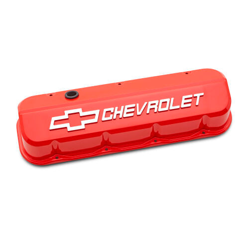 Proform Slant-Edge Tall Valve Cover - Baffled - Breather Hole - Raised Chevrolet Logo - Orange - Big Block Chevy (Pair)