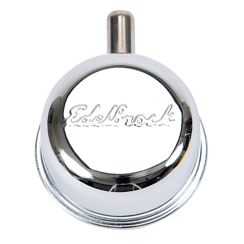 Edelbrock Signature Series Push-In Breather - Round - 1-1/4 in Hole - 3/8 in Hose Barb Fitting - Edelbrock Logo - Chrome