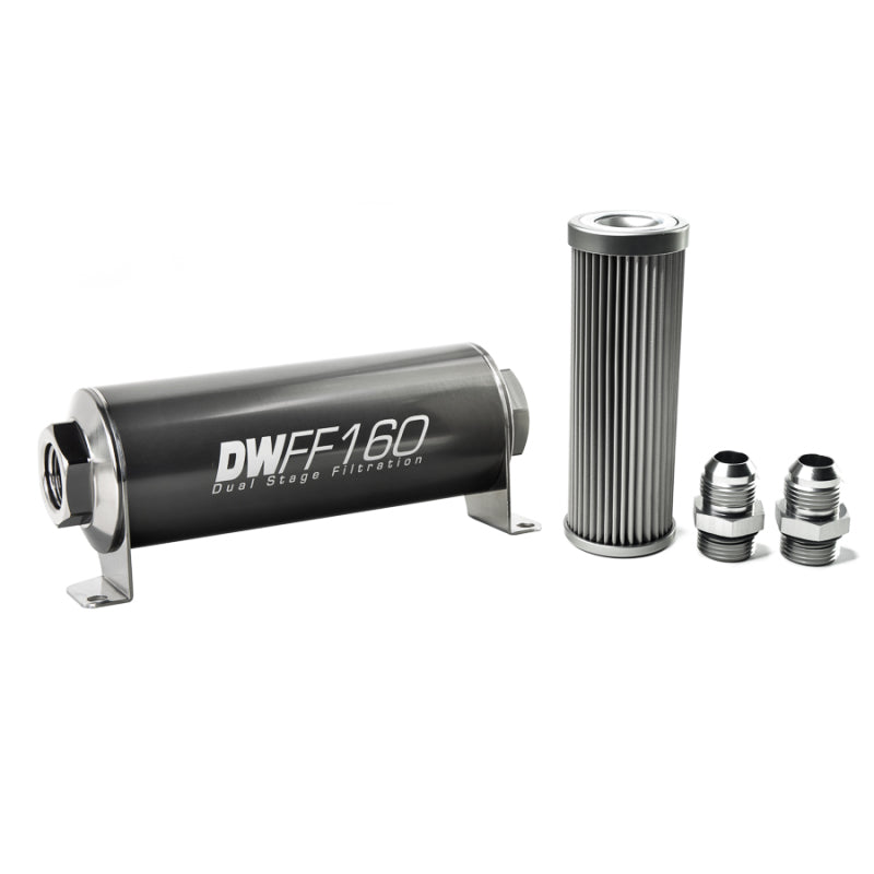 DeatschWerks Fuel Filter - 10 Micron - Stainless Element - 10 AN Male Inlet - 10 AN Male Outlet - 160 mm Long - Aluminum - Titanium