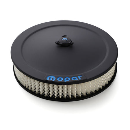 Proform 14" Round Air Cleaner Assembly - 5-1/8" Carb Flange - Drop Base - Blue Mopar Logo - Steel - Black Crinkle