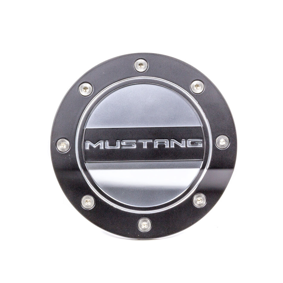 Drake Muscle Cars Mustang Script Logo Fuel Door Plastic Black/Silver