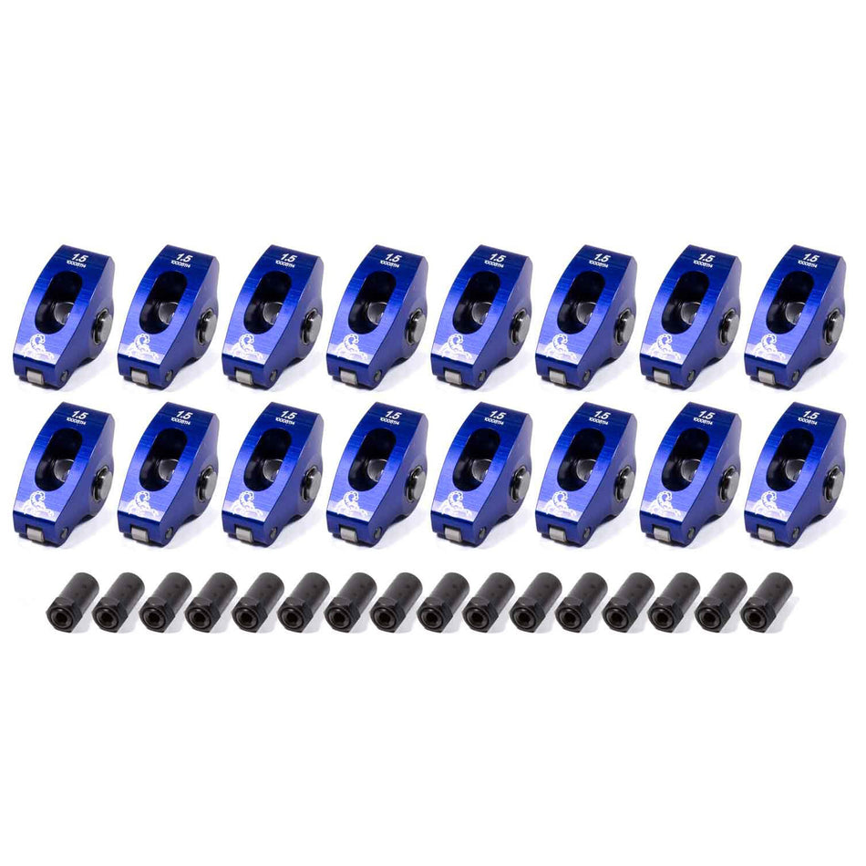 Scorpion Narrow Body Full Roller Rocker Arm - 3/8 in Stud Mount - 1.50 Ratio - Blue Anodized - Small Block Chevy - Set of 16