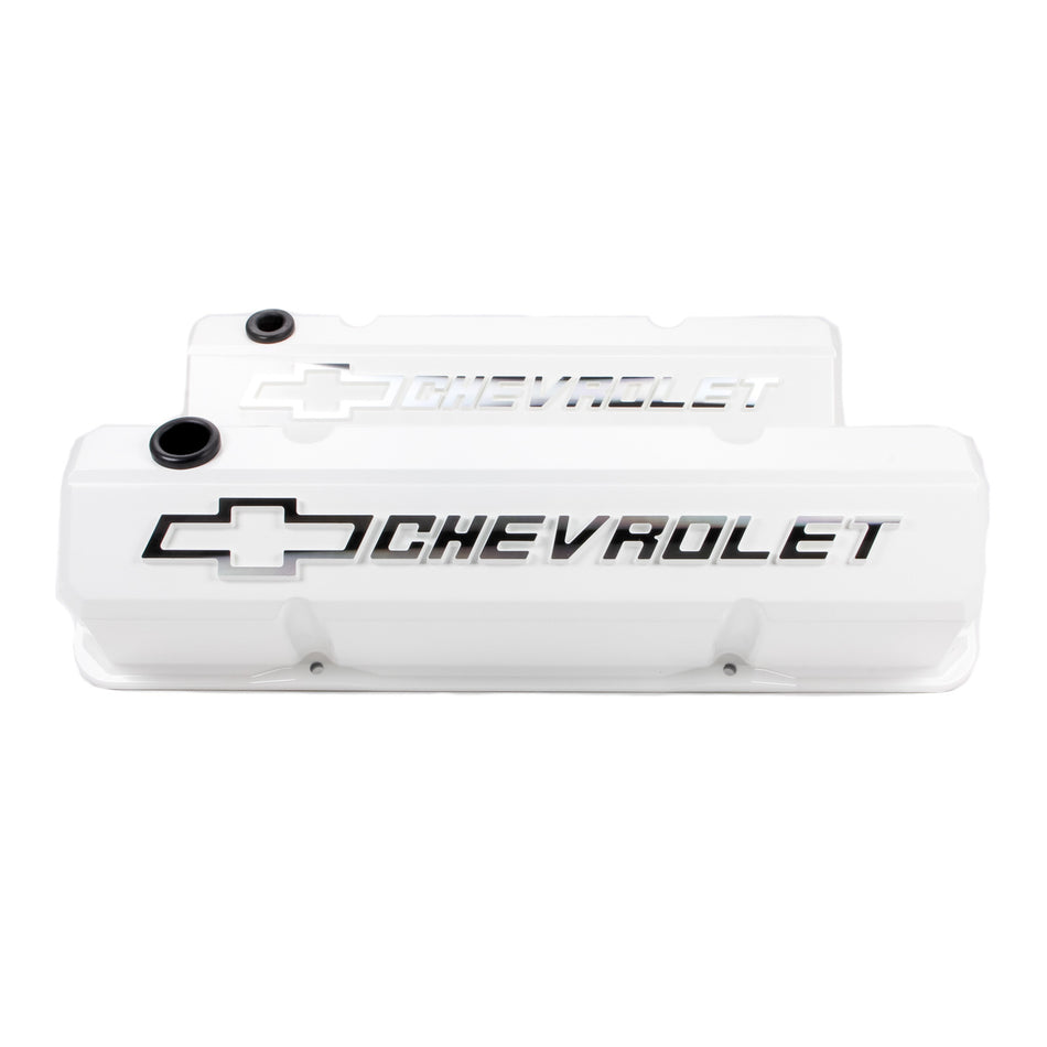 Proform Performance Parts Slant-Edge Valve Covers Tall Baffled Breather Hole - Raised Chevrolet Bowtie Logo - White