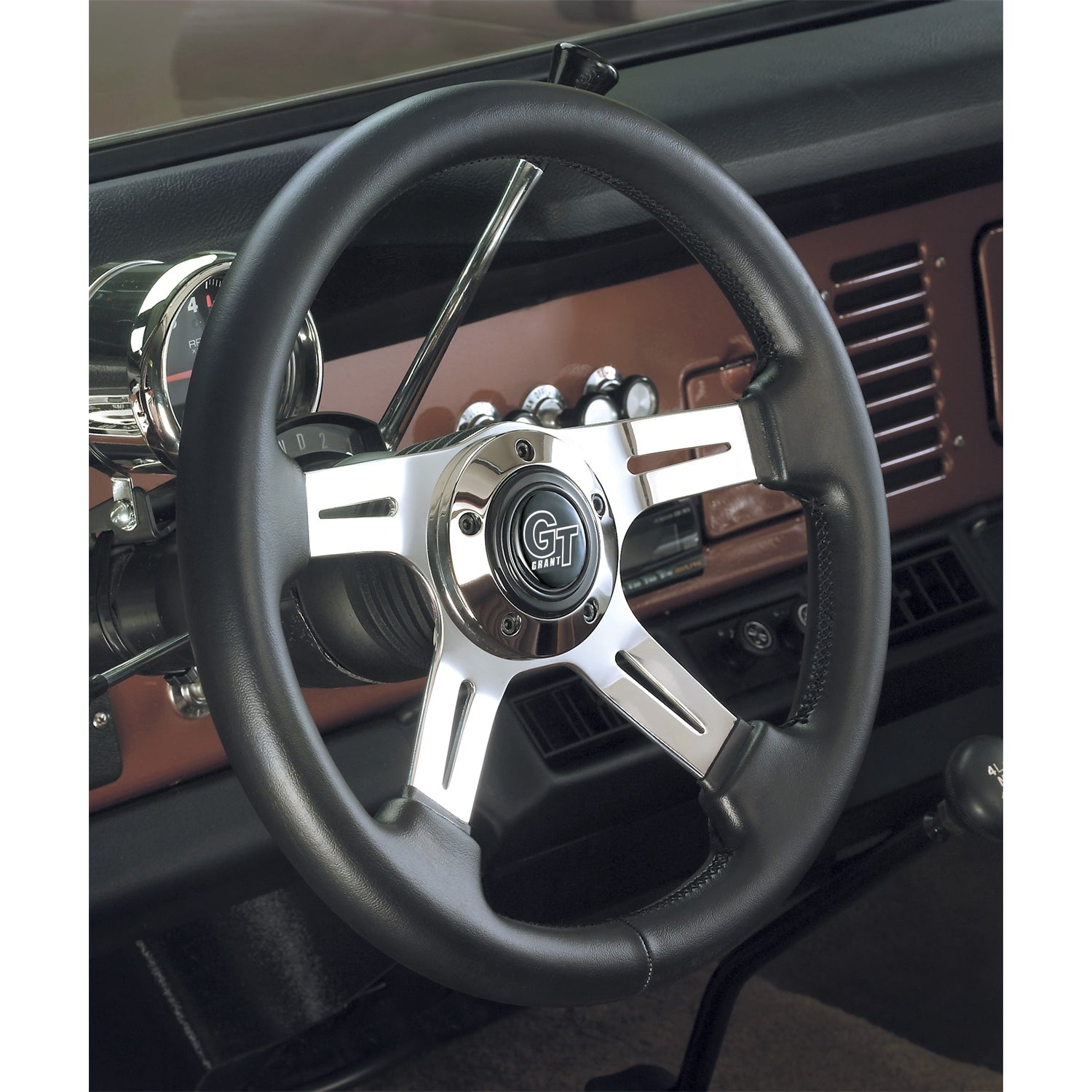 Grant Elite GT Steering Wheel - 14 in Diameter - 3.75 in Dish - 4-Spoke - Black Vinyl Grip - Polished