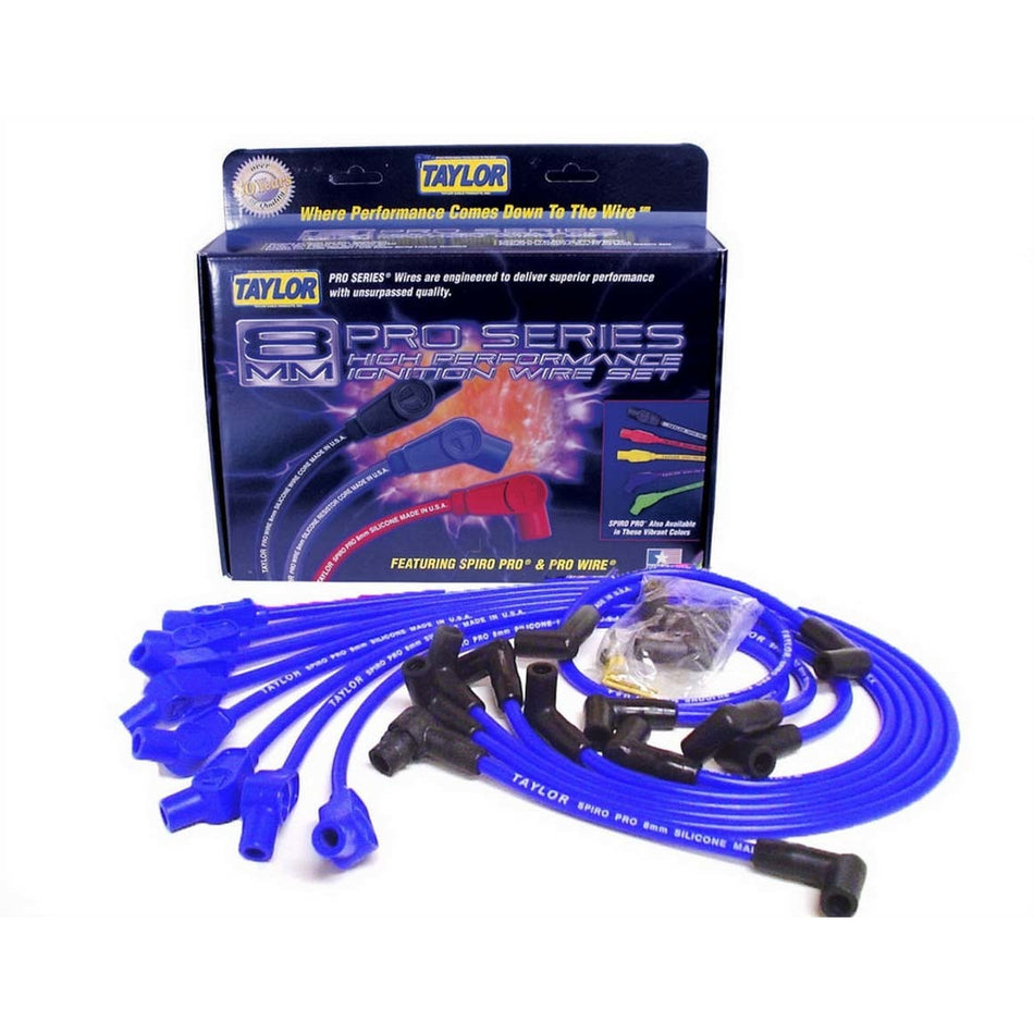 Taylor Spiro-Pro Spiral Core 8 mm Spark Plug Wire Set - Blue - 135 Degree Plug Boots - HEI Style Terminal - Small Block Ford