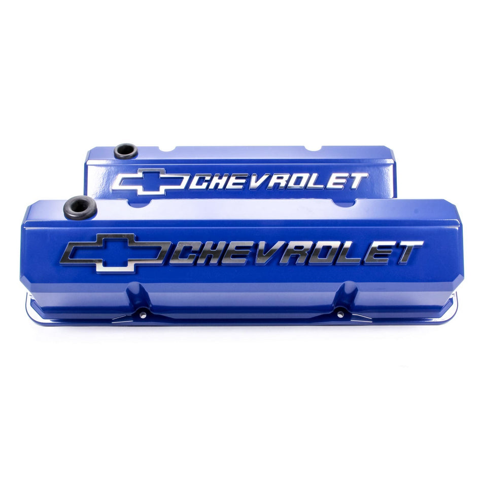 Proform Performance Parts Slant-Edge Valve Covers Tall Baffled Breather Hole - Raised Chevrolet Bowtie Logo - Blue