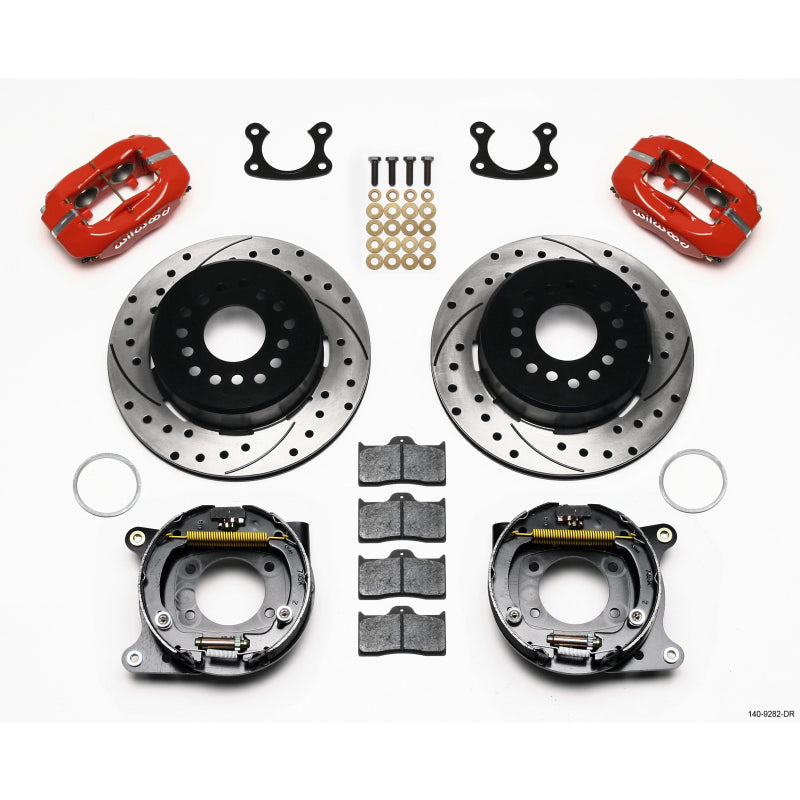 Wilwood Dynalite Rear Brake System - 4 Piston Caliper - 12.19 in Drilled/Slotted Iron Rotor - Red - Small Ford
