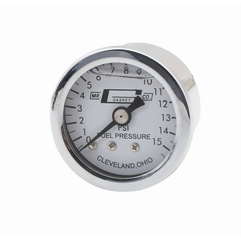 Mr. Gasket 0-15 psi Fuel Pressure Gauge - Mechanical - Analog - Full Sweep - 1-1/2 in Diameter - Liquid Filled - 1/8 in NPT Port - White Face