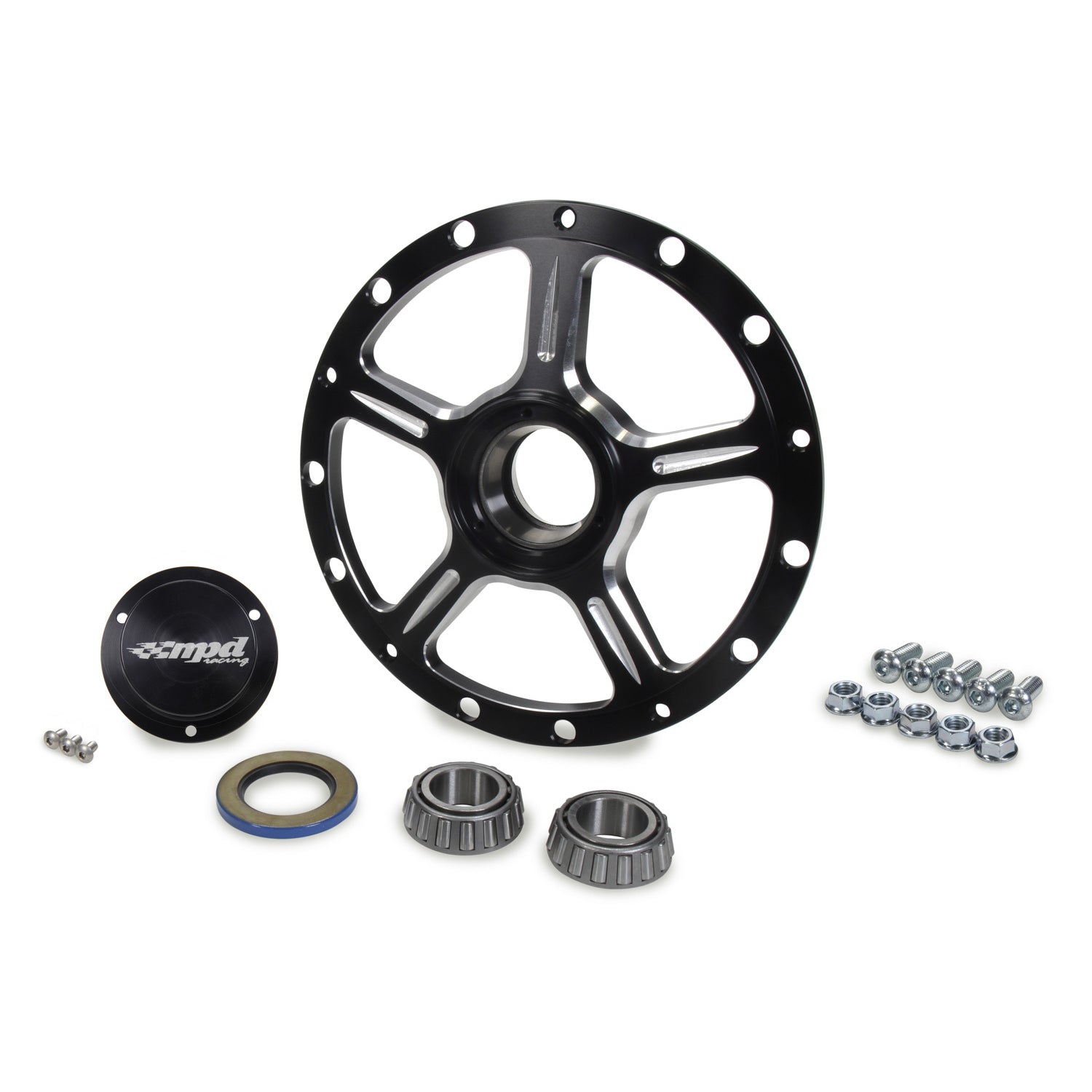 MPD Wheel Hub - Passenger Side - Bearings/Center Cap/Hardware/Seals - Aluminum - Black - Sprint Car